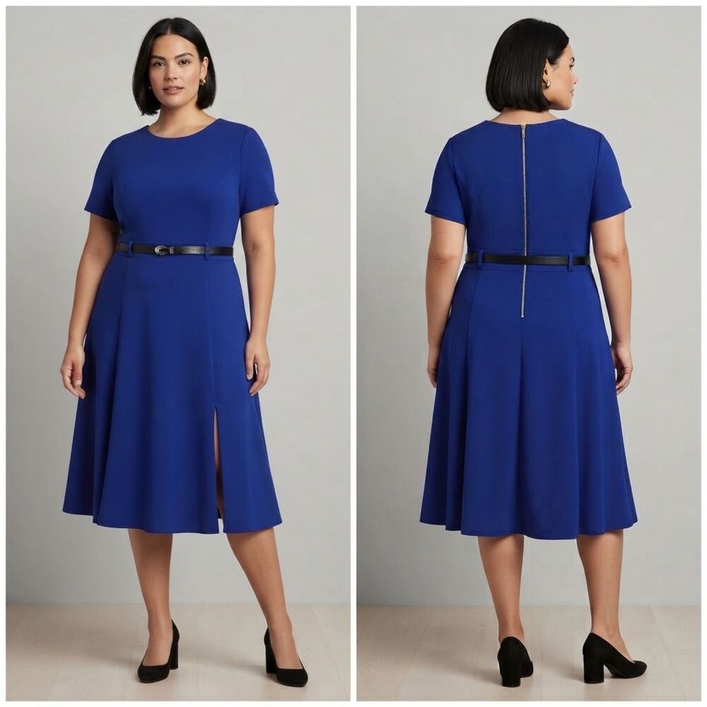 Calvin Klein Royal Blue Short Sleeve Belted Midi Dress with Front Slit 18W NWT